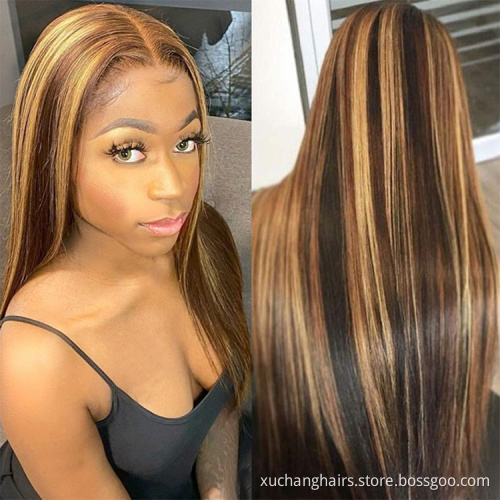 Usexy Popular Star Human Wig Wholesale Raw Indian Hair Straight Highlight Honey Blonde Lace Frontal Wig For Women